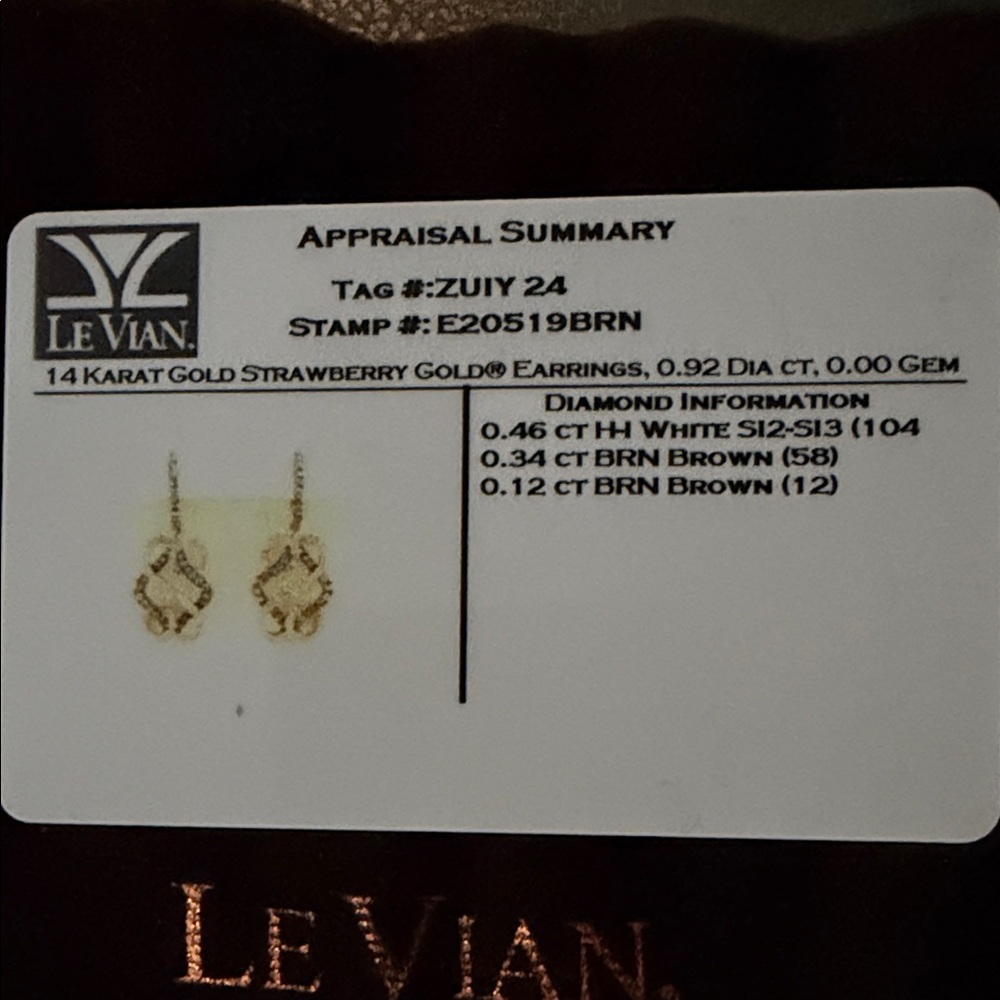 Levian Strawberry Gold Earrings with Brown and White Diamonds - Picture 2 of 4